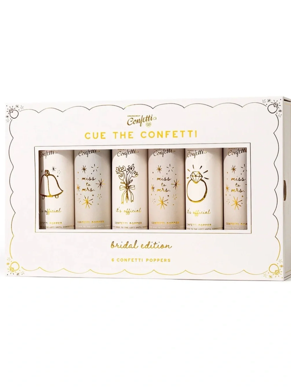 Cue the Confetti Bridal Edition Confetti Poppers - White & Gold (Set of 6) | NIB